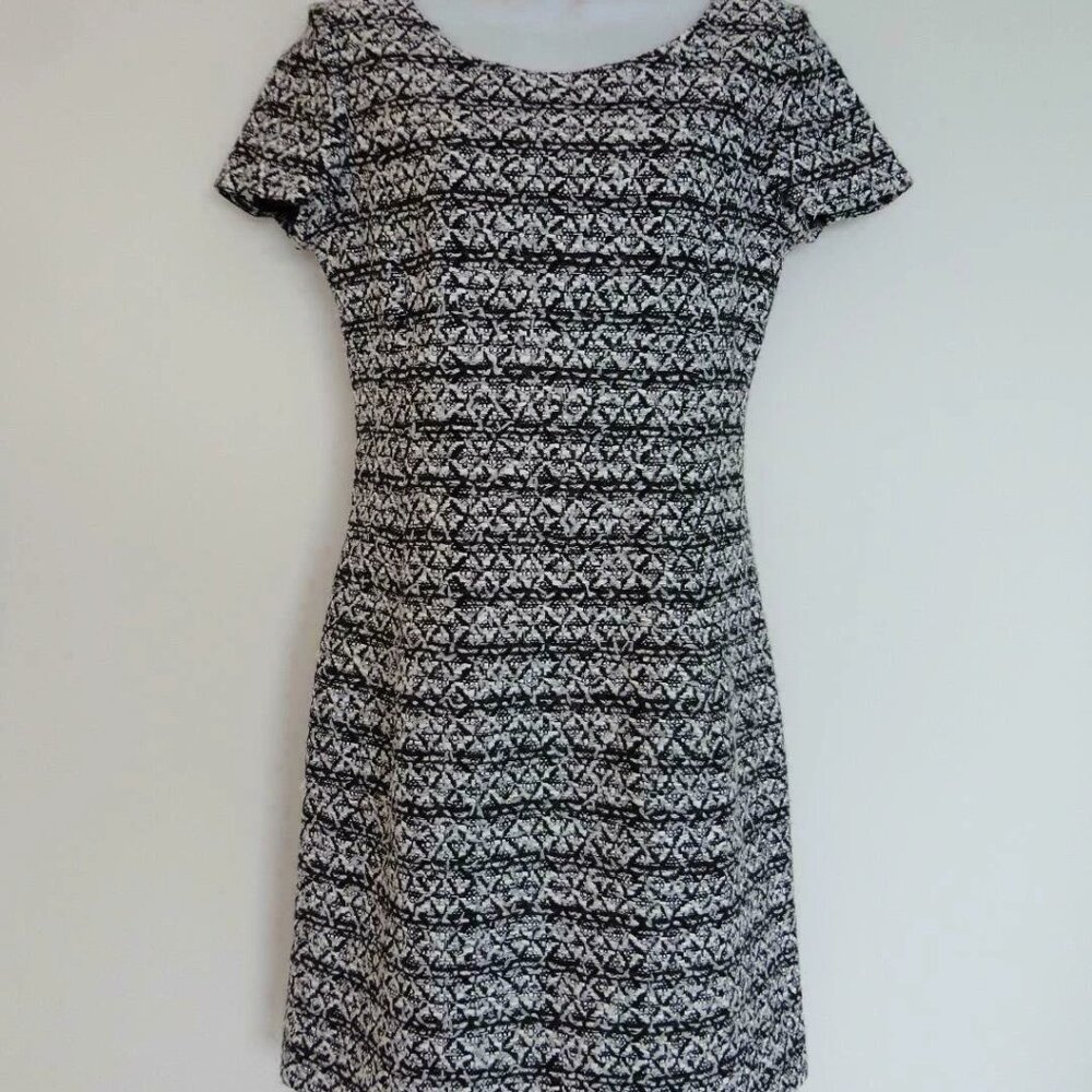 NWT OSCAR DE LA RENTA Black White Cotton Blend Tweed SS Bateau Neck Dress 6